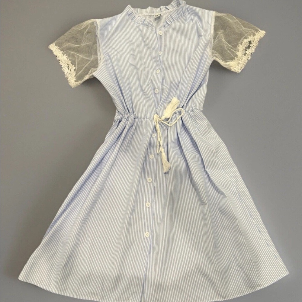 Blue Striped Mini Dress with Lace Accents